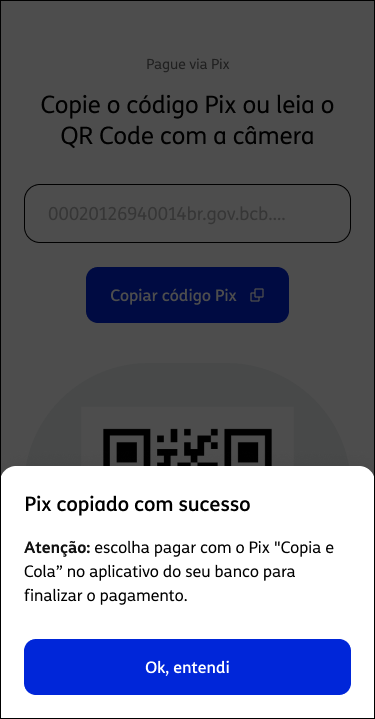Modal pós-cópia: Pix copiado com sucesso — instrução para usar Copia e Cola no app do banco