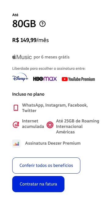 Card antigo: muito texto, benefícios em lista densa e pagamento dentro do card