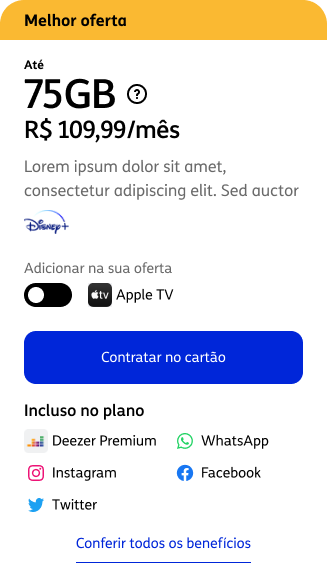 Card novo: dois blocos, logos dos serviços e serviço extra com toggle