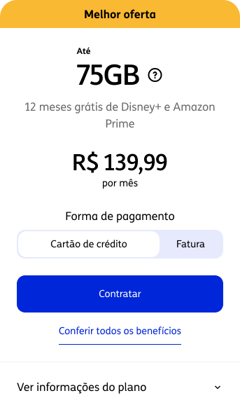 Card 75GB testado, com o benefício em texto e o toggle de pagamento contornados