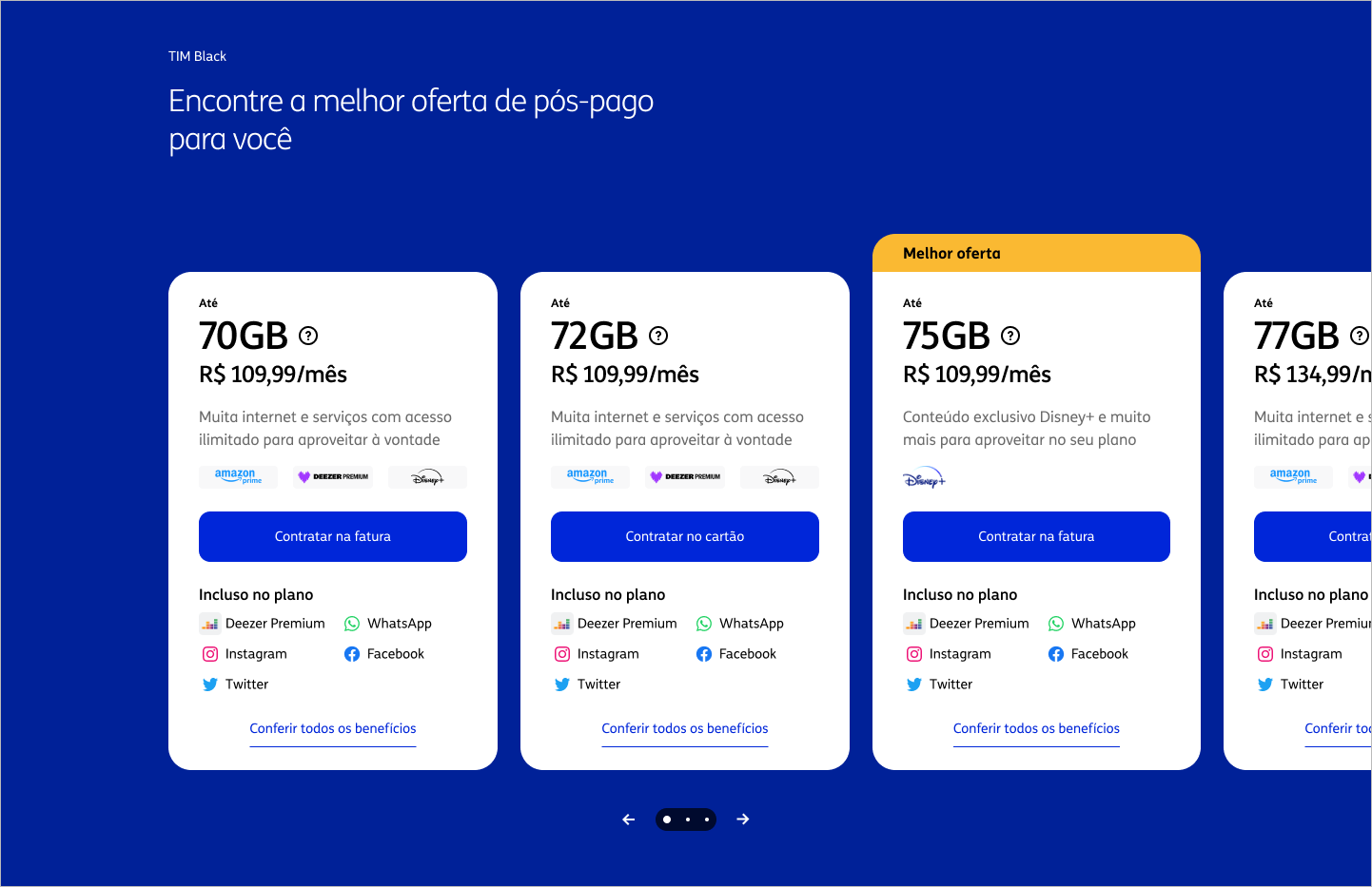 Página final de planos no desktop com o carrossel de cards modulares