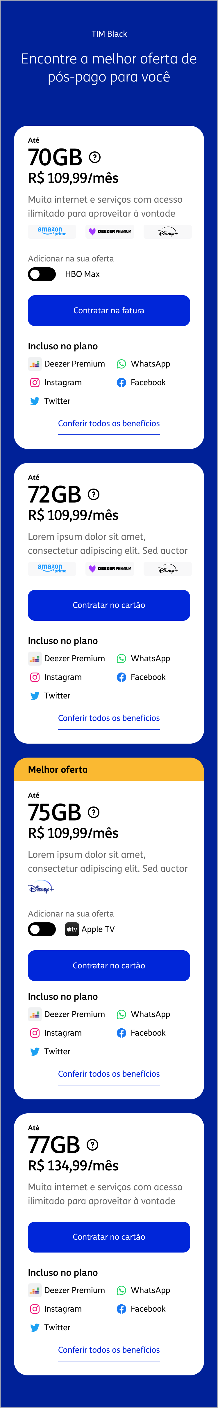 Página final de planos no mobile, com navegação vertical entre as ofertas