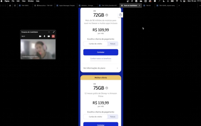 Sessão de teste de usabilidade remoto no Figma com participante avaliando o card